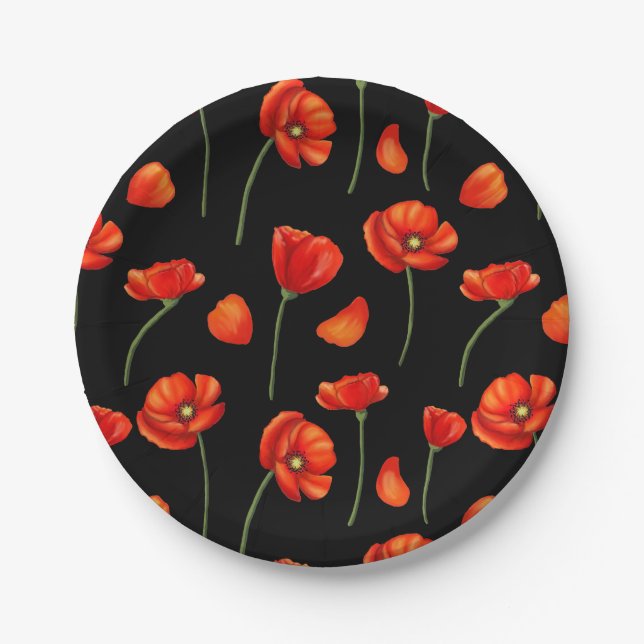 black poppy pattern paper plate (Front)
