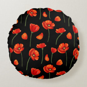 black poppy pattern round pillow