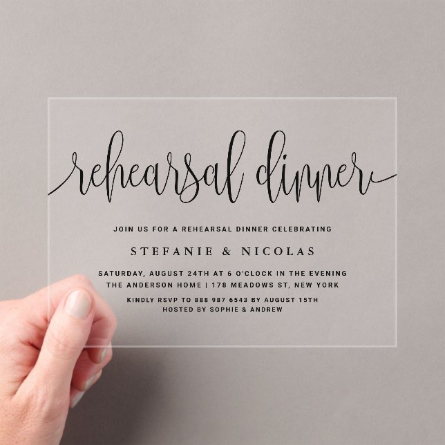 Black Pretty Calligraphy Rehearsal Dinner Acrylic Invitations (Insitu (Handheld))