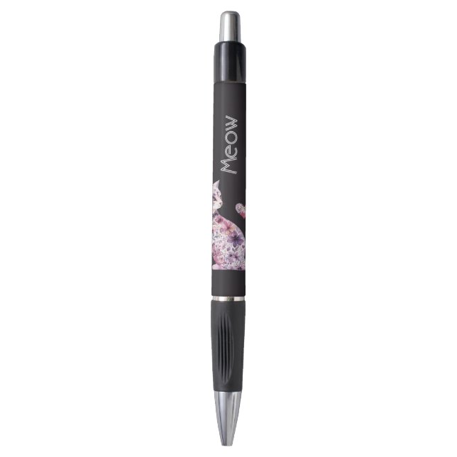 Black Pretty Pink Purple Roses Floral Cat Pen (Front Vertical)