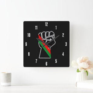 black pride red green fist pan African flag unity  Square Wall Clock