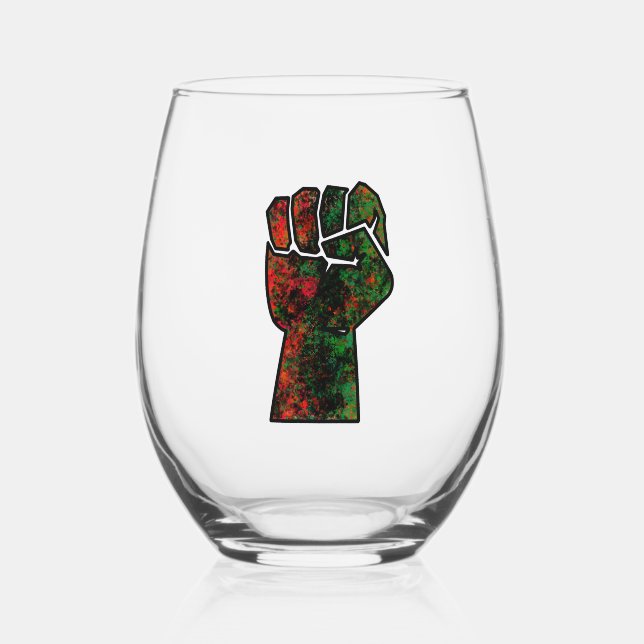 black pride red green fist pan African flag unity  Stemless Wine Glass (Front)