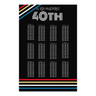 Black & Primary 40th Retro Stripe Seating Chart Photo Print