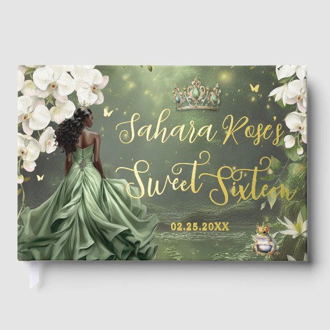 Black Princess and Frog Sage Green Dress Sweet 16  Guest Book (Front)