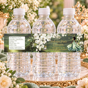 Black Princess and Frog Sage Green Quinceanera Water Bottle Label