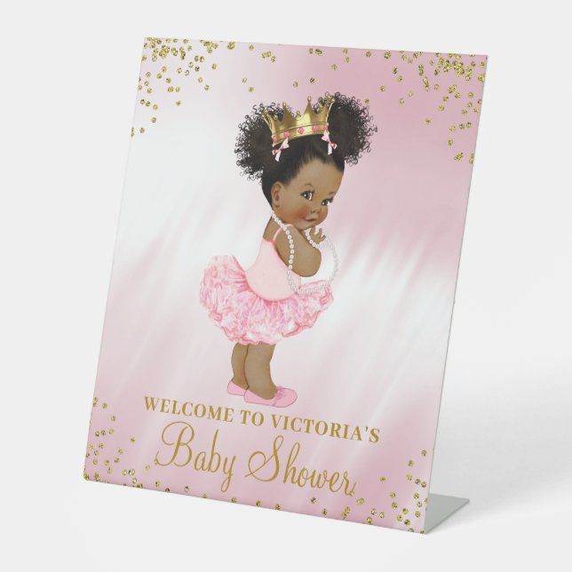 Black Princess Baby Shower Welcome Table Pedestal Sign (Front)