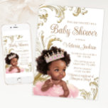 Black Princess Pink Gold Baby Shower Invitation<br><div class="desc">Black princess baby shower invitation with sweet baby girl wearing a pretty pink tutu and jewel tiara in a pretty gold swirl background. This black princess baby shower invitation is easily personalized with your event details. You can also change the background and text colour.</div>