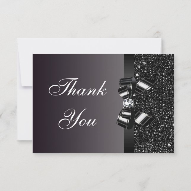 Black Printed Sequins Bow & Diamond Thank You Card (Front)