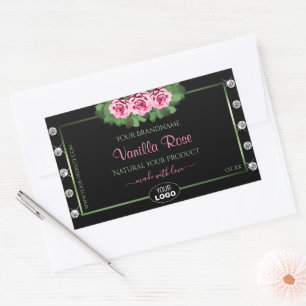 Black Product Label Green Pink Roses Diamonds Logo