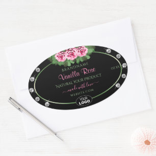 Black Product Label Green Pink Roses Diamonds Logo