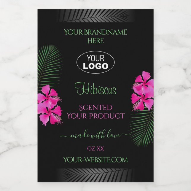Black Product Label Pink Flowers Green Leaves Logo (Single Label)