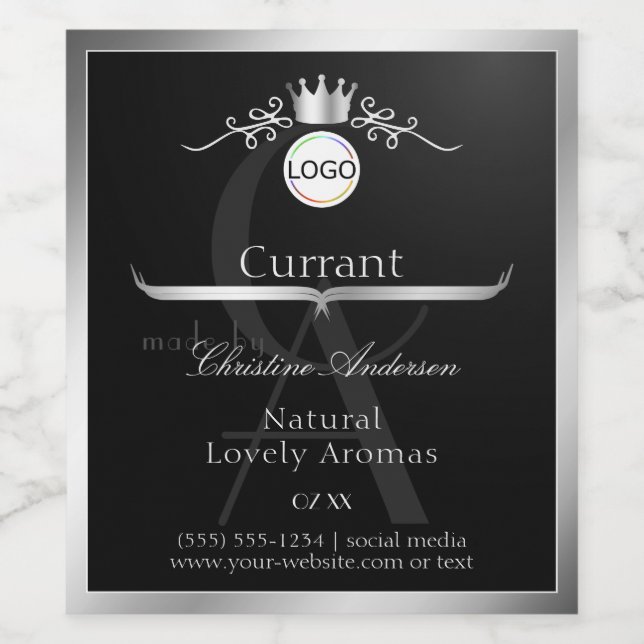 Black Product Label Silver Frame Logo and Monogram (Single Label)
