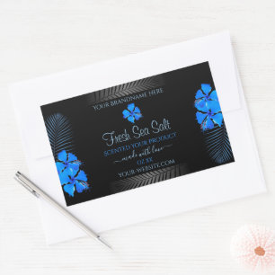 Black Product Label with Sky Blue Hawaiian Flowers