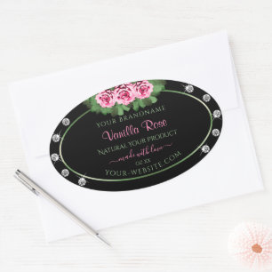 Black Product Labels Green and Pink Roses Diamonds