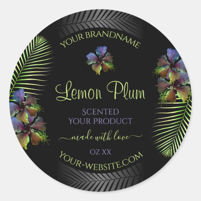 Black Product Labels Yellow Purple Hawaii Flowers (Front)