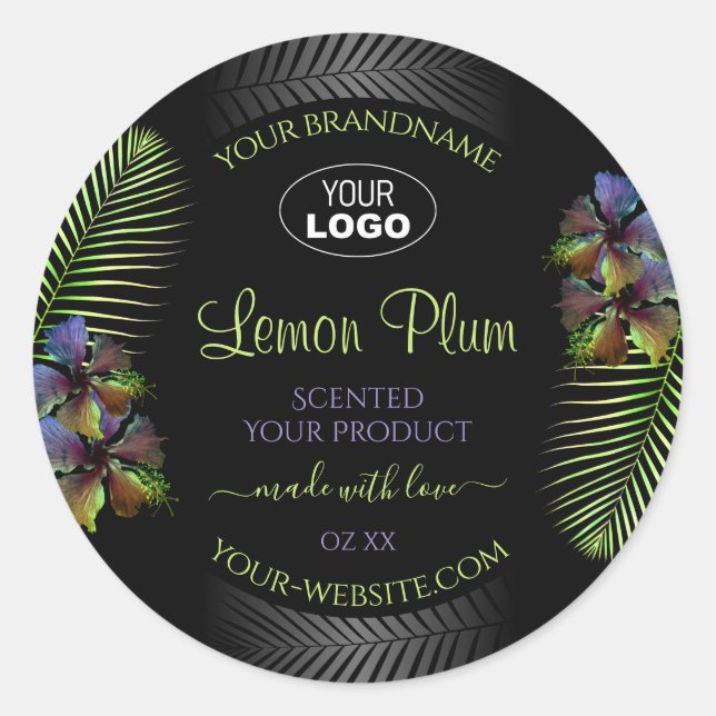 Black Product Labels Yellow Purple Hibiscus Logo (Front)