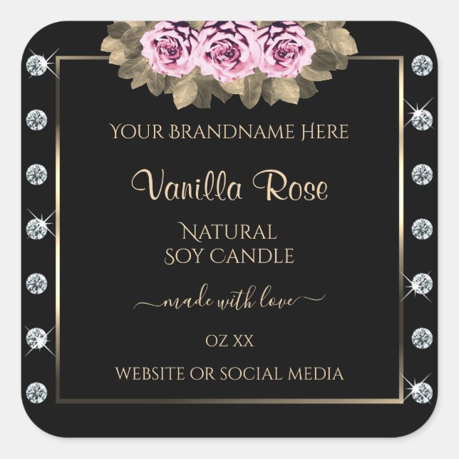 Black Product Packaging Labels Roses and Diamonds (Front)
