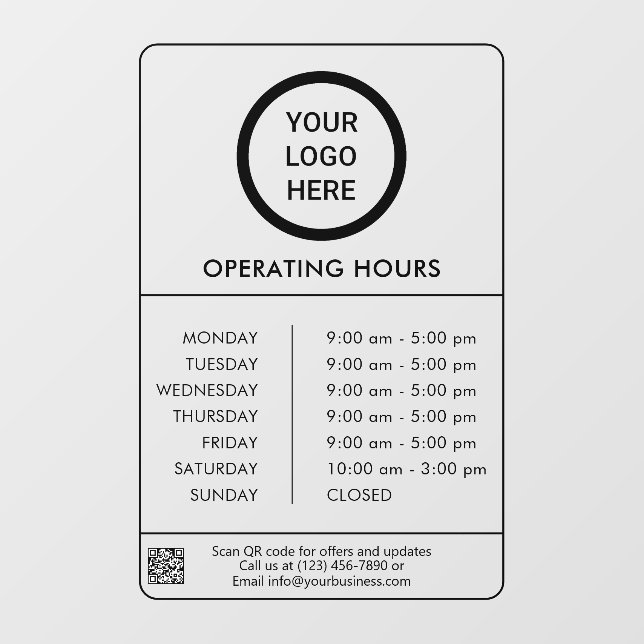 Black Professional Business Logo Operating Hours  Window Cling (Sheet)
