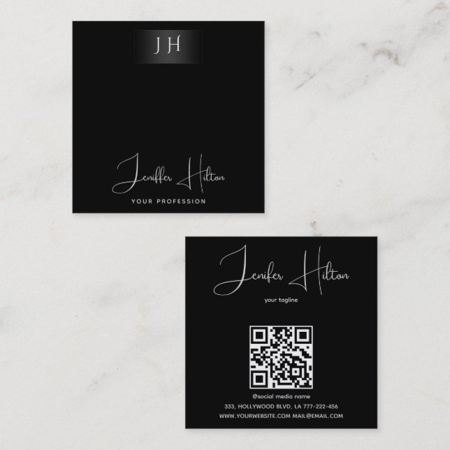 Black professional QR code minimalist monogram Square Business Card (Front/Back)