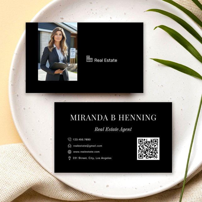 Black Professional Real Estate Agent Photo QR Code Business Card (Creator Uploaded)