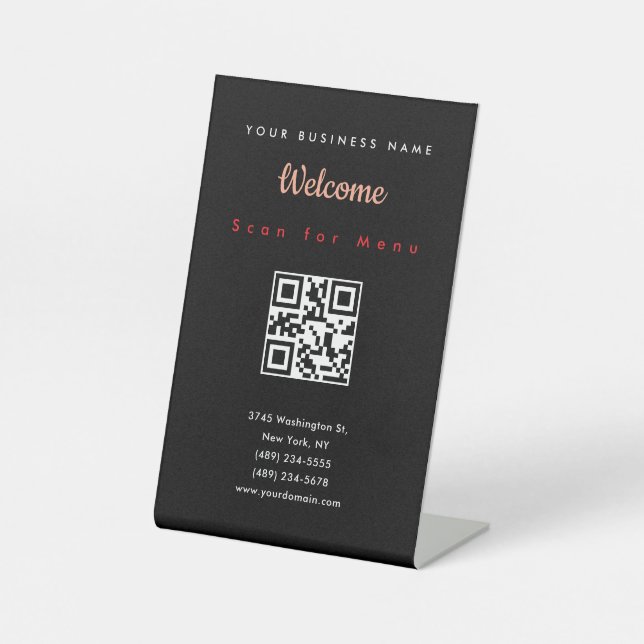 Black Professional Scannable QR Code Menu Pedestal Sign (Front)