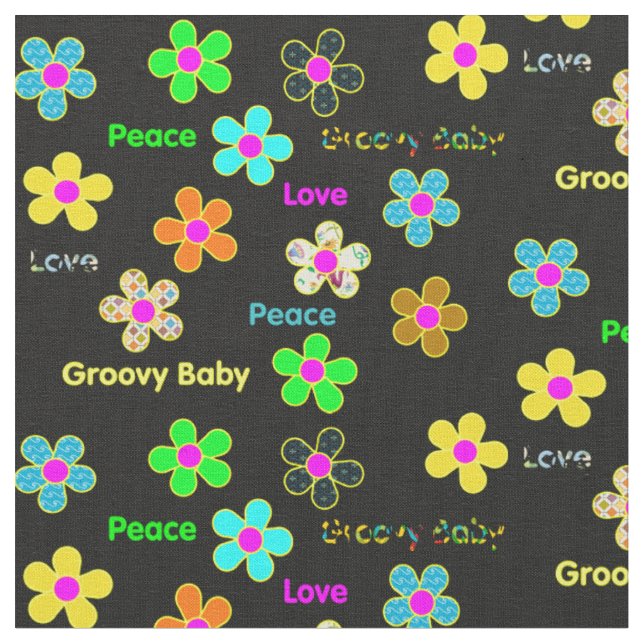 Black Psychedelic 60s Groovy Flowers Print Fabric (Close Up)