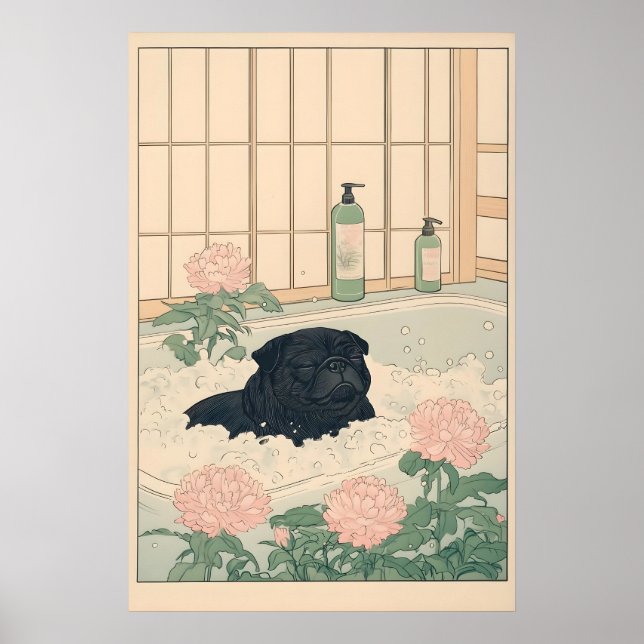 Black Pug Bathroom Print Kawaii Japandi Ukiyo-e (Front)