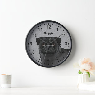 Black Pug Cartoon Dog Head Close-Up And Name Grey Clock