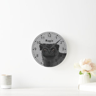 Black Pug Cartoon Dog Head Close-Up And Name Grey Round Clock