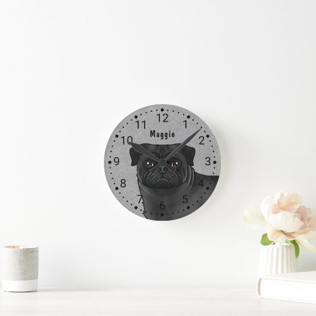 Black Pug Cartoon Dog Head Close-Up And Name Grey Round Clock (Home)