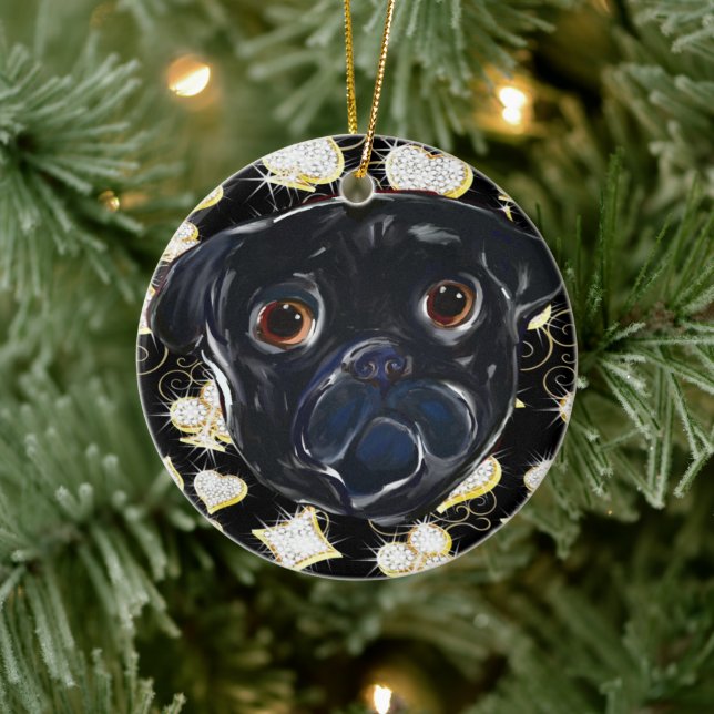 Black Pug  Ceramic Ornament (Tree)