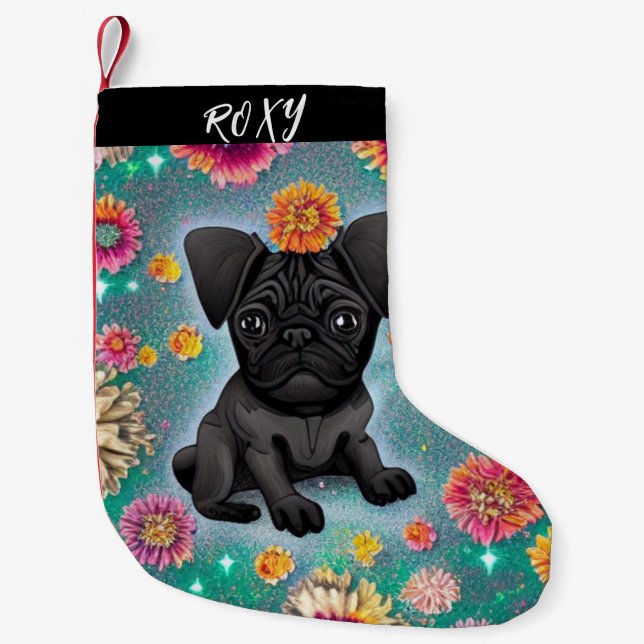 Black Pug  Christmas Stocking with name. (Front)
