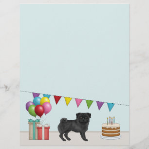 Black Pug Cute Cartoon Dog Colourful Birthday Letterhead