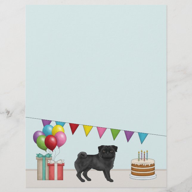 Black Pug Cute Cartoon Dog Colourful Birthday Letterhead (Front)