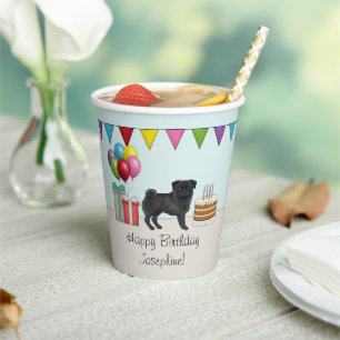 Black Pug Cute Cartoon Dog Colourful Birthday Paper Cups