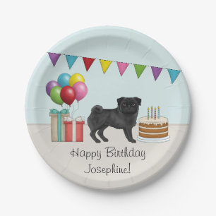 Black Pug Cute Cartoon Dog Colourful Birthday Paper Plate