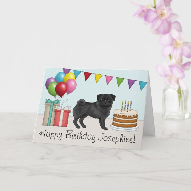 Black Pug Cute Cartoon Dog Colourful Happy Birthda Card (Orchid)