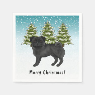 Black Pug Cute Cartoon Dog Snowy Winter Forest Napkin