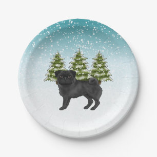 Black Pug Cute Cartoon Dog Snowy Winter Forest Paper Plate