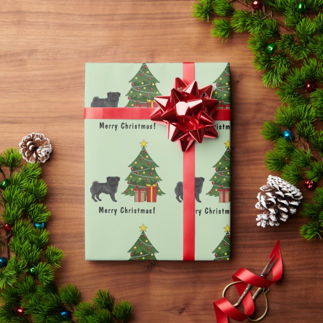 Black Pug Cute Cartoon Dog With A Christmas Tree Wrapping Paper (Holiday Gift)