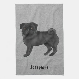Black Pug Cute Cartoon Dog With Custom Name Grey Kitchen Towel