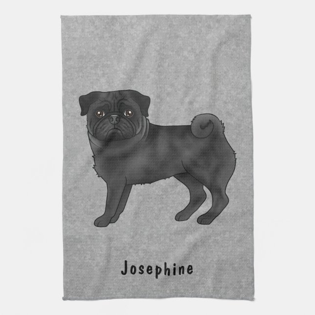 Black Pug Cute Cartoon Dog With Custom Name Grey Kitchen Towel (Vertical)