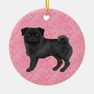 Black Pug Cute Mops On Pink Hearts Pet Memorial Ceramic Ornament