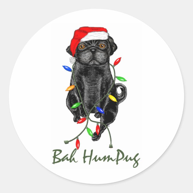 Black Pug Dog Bah Humpug Funny Christmas Classic Round Sticker (Front)
