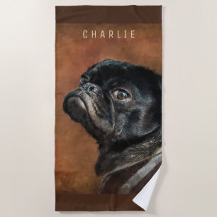 Black Pug Dog Beach Towel