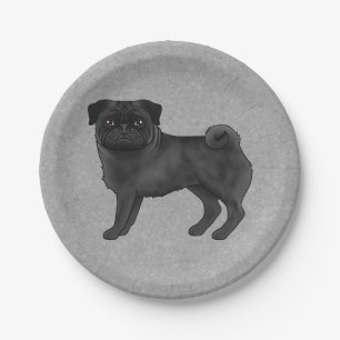 Black Pug Dog Breed Cute Cartoon Illustration Grey Paper Plate