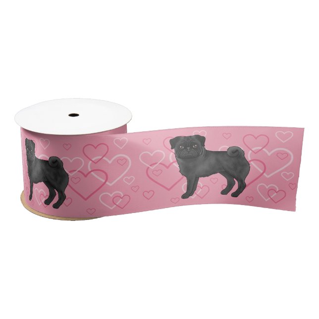 Black Pug Dog Cartoon Mops And Hearts Pattern Pink Satin Ribbon (Spool)