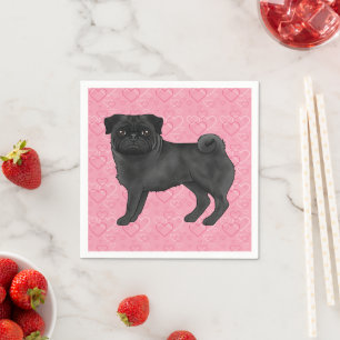 Black Pug Dog Cartoon Mops Love Heart Pattern Pink Napkin