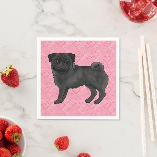 Black Pug Dog Cartoon Mops Love Heart Pattern Pink Napkin (Insitu)