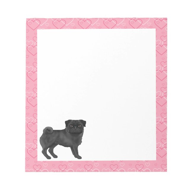 Black Pug Dog Cartoon Mops Love Heart Pattern Pink Notepad (Front)
